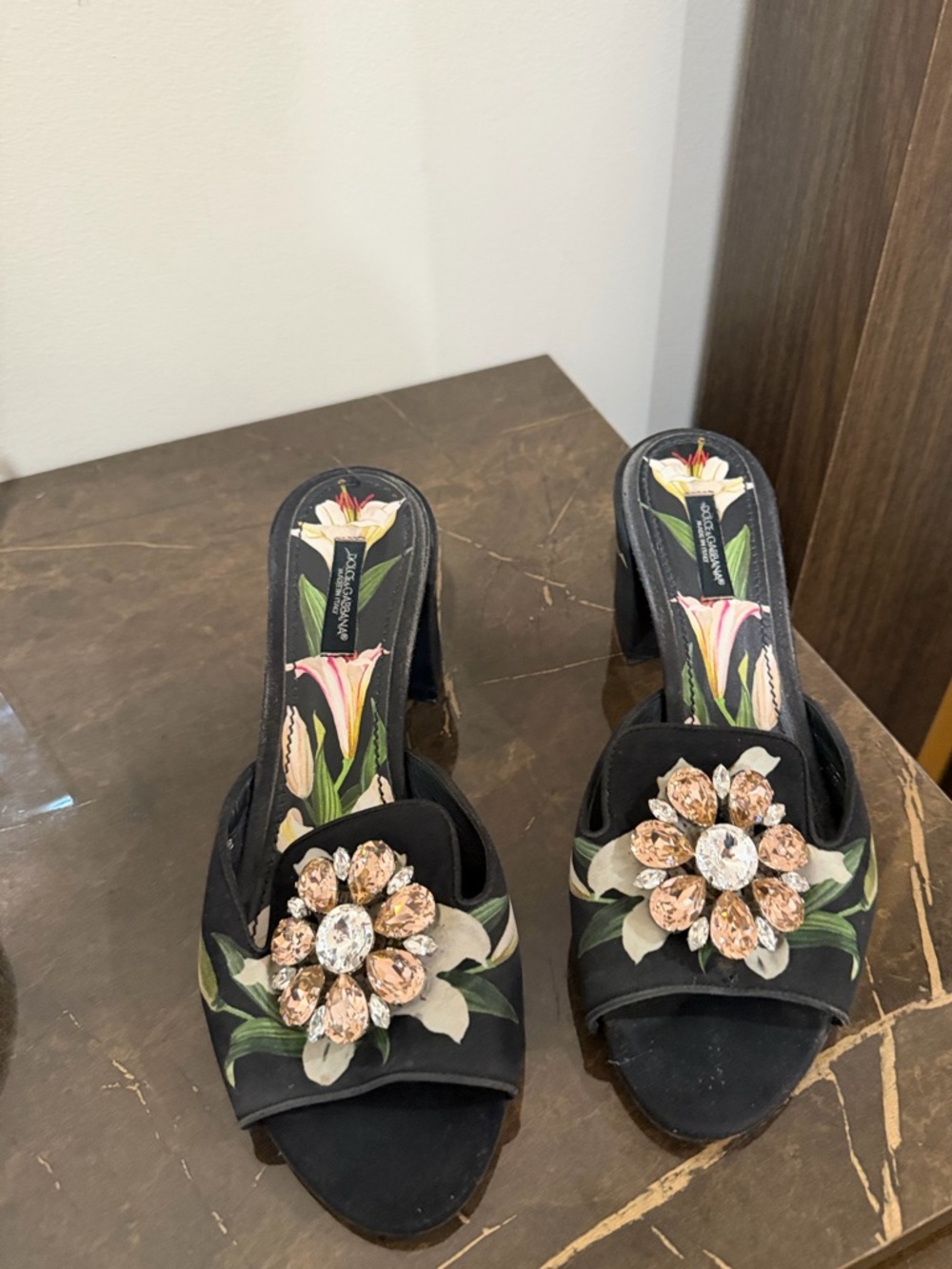 Dolce & Gabbana Black Heeled Pumps with Floral Block Heel Accent